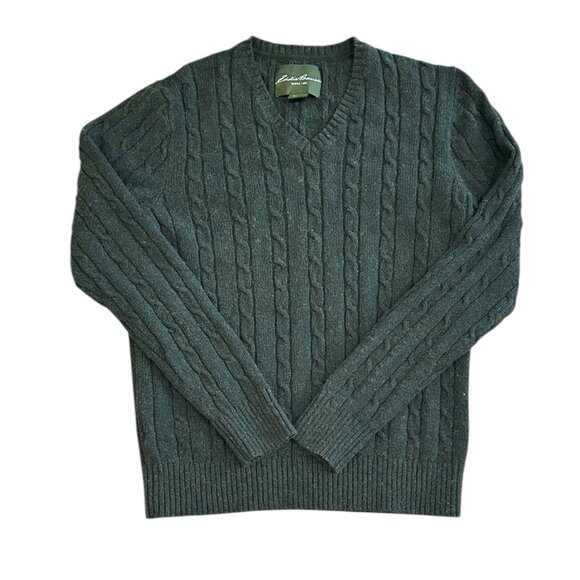 Vtg Eddie Bauer Mens Green Cable Knit Sweater L Wool Cotton Fisherman Cabincore - Picture 1 of 6